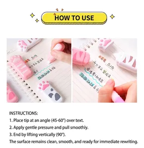Detailed usage instructions for this cute cat paw correction tape on a white notebook
