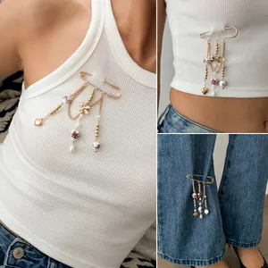 French Vintage Gold Safety Pin Brooch With Floral Ceramic Beads Bow Heart Tassel Imitation Artificial Pearl Alloy Brooch For Women Jewelry