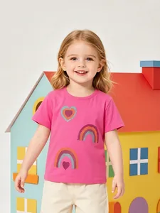 Girls Cotton Short Sleeve T-Shirt Summer Kids Rainbow Heart Sequin Printed Crew Neck Top Western Style Child Clothing