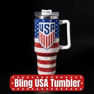 Detailed close-up of a 40oz bling USA flag rhinestone insulated tumbler with handle