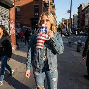 Blonde woman drinking from a 40oz rhinestone USA flag tumbler in a city setting.