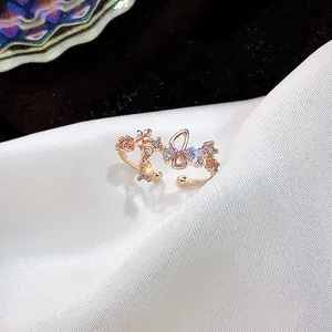 Elegant rose gold adjustable butterfly open ring featuring sparkling crystal accents