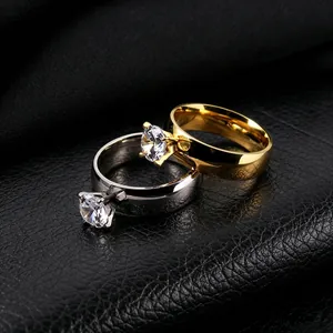 Elegant 316L titanium steel rings with 6mm round cubic zirconia in gold and silver finishes
