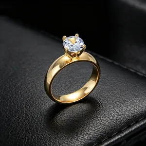 Elegant 316L stainless steel gold ring with a 6mm clear cubic zirconia solitaire stone