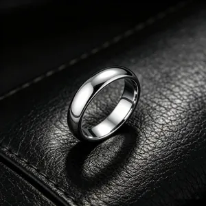 Close-up macro shot of a 6mm polished silver stainless steel ring on black leather surface