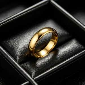 Close-up of a 6mm gold-finished 316L titanium steel plain ring in a black jewelry box.