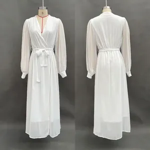 Detailed front and back view of elegant white long-sleeved V-neck chiffon maxi dress