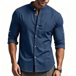 Men's navy blue cotton linen long sleeve shirt with henley collar and button detail