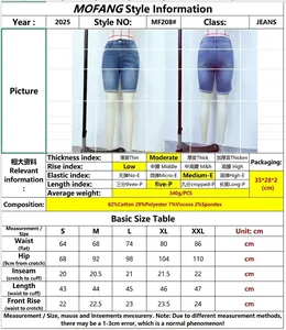 Tableau des tailles détaillé et infos de style pour short en jean bleu clair à revers