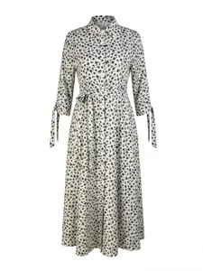 Elegant long sleeve floral print shirt midi dress with waist tie and cuff details