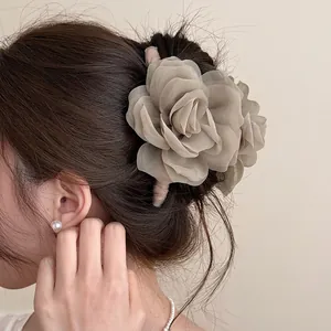 Grande Pince À Cheveux Fleur Rose Organza Tissu Maille Avec Faux Künstliche Perle Élégante Coréenne Pour Femmes Accessoire Cheveux