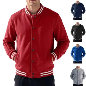 Men's American stand-collar varsity jacket in multiple colors with striped ribbing.