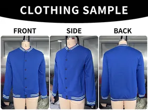 Front, side, and back views of a blue American-style baseball jacket