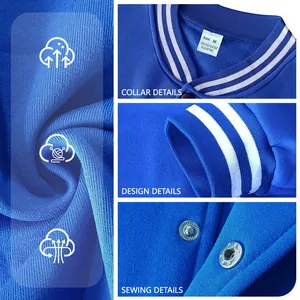Detailed fabric and design views of a blue American style fleece baseball jacket for men.