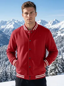 Men's classic red varsity jacket with stand collar shown in a snowy mountain scene