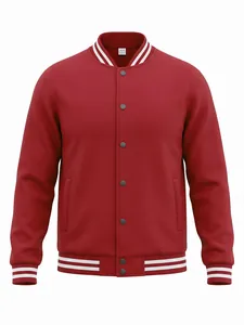 Detailed view of red American style varsity jacket with white striped ribbing