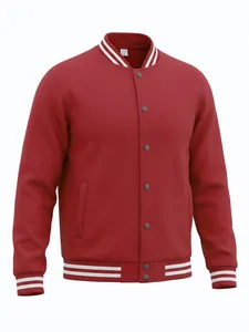 Front view of a red American style varsity jacket with white striped ribbing details