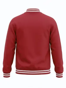 Rear view of a classic red American varsity jacket featuring white striped ribbed trims