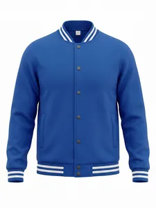 Detailed front view of a men's royal blue baseball jacket with white striped accents.