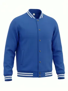 Detailed view of a blue American-style varsity jacket with white striped ribbed trim.