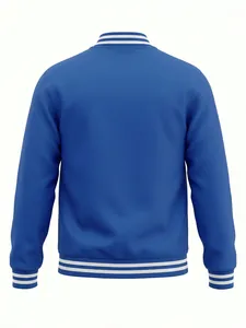 Back view of blue American style varsity jacket with white striped ribbing details
