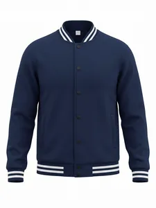 Close-up detail of navy blue American varsity jacket with striped collar and cuffs