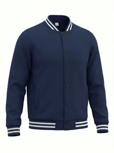 Detailed view of a navy blue men's varsity jacket featuring white striped ribbed trim