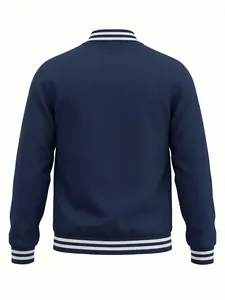 Detailed back view of navy blue varsity jacket featuring white striped ribbed hem and cuffs