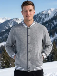 Close-up of a grey men's varsity jacket with white striped trims and buttons