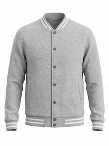 Detailed front view of a grey American style varsity jacket with striped ribbing accents