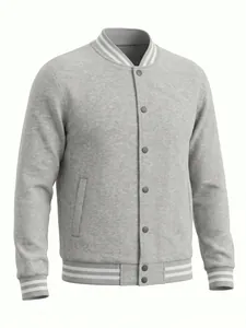 Detailed view of a men's gray heathered varsity jacket with white striped ribbing accents.