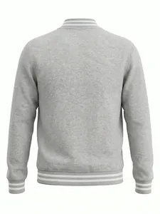 Back view of men's gray fleece varsity jacket with striped ribbed collar and cuffs