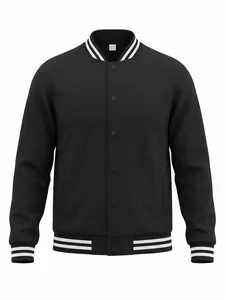 Black varsity jacket with white striped ribbing and stand collar