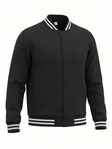 Detailed front view of a black American style varsity jacket with white stripes