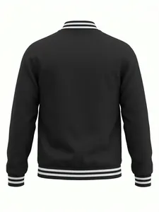 Detailed back view of a classic black American varsity jacket with white ribbing