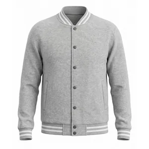Classic grey men's stand-collar varsity jacket with white striped ribbing and button front