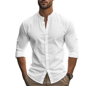 Close-up detail shot of white slim-fit cotton linen shirt with stylish Henry collar