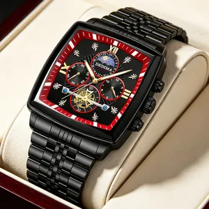 Men's luxury tonneau watch with black steel strap, moon phase and flywheel design