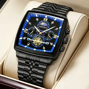 Elegant tonneau men's watch with steel band, moon phase, and flywheel multi-function dial.