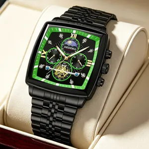 Luxury men's tonneau-shaped multi-function watch with black steel strap and moon phase dial