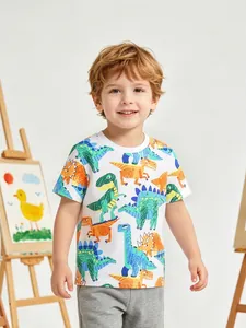 T-Shirt Manches Courtes en Coton pour Garçons Imprimé Dinosaure Coloré Col Rond Été Décontracté Doux Haut Enfant