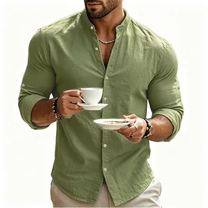 Men's olive green cotton linen long sleeve Henley shirt with casual stand collar