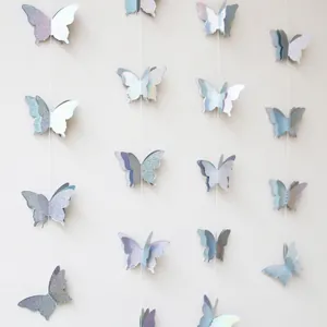 Iridescent 3D paper butterfly garland for birthday party and room wall decoration
