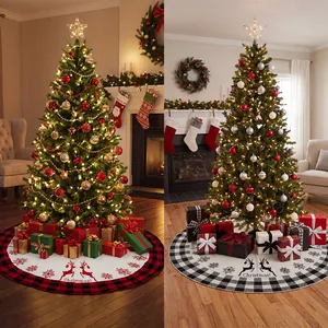 48-inch knitted jacquard Christmas tree skirt with plaid border and reindeer design
