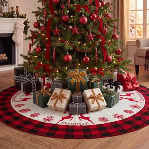 48-inch knitted Christmas tree skirt with red buffalo plaid and reindeer motif