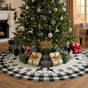48-inch knitted Christmas tree skirt with plaid border and deer jacquard pattern