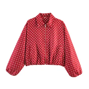 Elegant red and white polka dot baseball jacket with front zipper and puffy hem for women