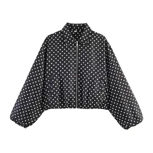 Cropped black and white polka dot baseball jacket with front zipper and classic collar