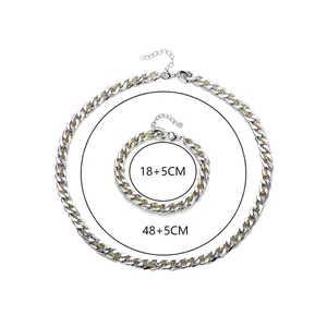 Premium silver titanium steel Cuban link necklace and bracelet set with measurements