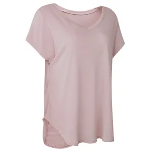 Women's loose V-neck short sleeve yoga t-shirt with a curved side slit hem in dusty pink.